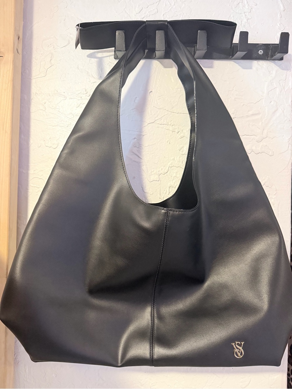 Victoria's Secret Black Leather (faux) Tote with Gold Logo